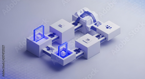 3D Isometric Blockchain Network Illustration for Data Infrastructure, Cloud Computing, and Software Architecture Connectivity