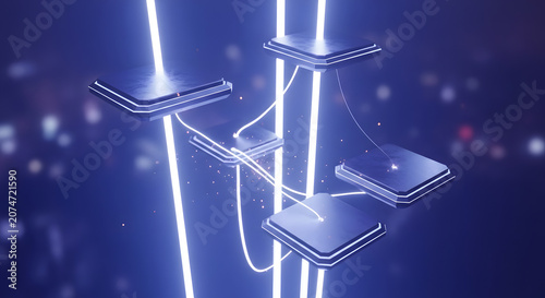 Futuristic Blue Digital Data Network with Glowing Microchips and Fiber Optic Connections for AI, Cloud Computing, and Blockchain Technology