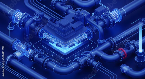 Futuristic Industrial Smart Piping System with Glowing Data Flow, Digital Twin Technology for Energy and Water Management Infrastructure