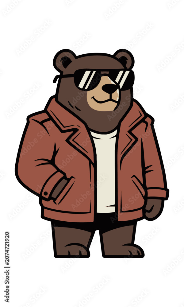 Fototapeta premium Stylish bear character wearing a leather jacket and sunglasses standing in a relaxed pose isolated on white background modern flat design character concept