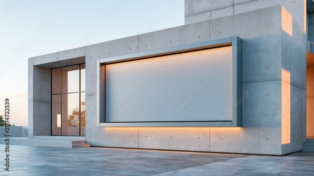 Fototapeta premium Large blank horizontal billboard mock up integrated into a modern concrete building facade at dusk.