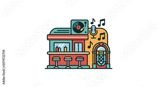 Retro diner with jukebox and music notes illustration.