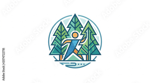 Stylized Runner Icon in Forest Landscape.