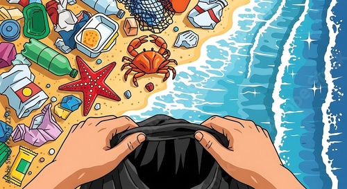 Discarded plastic bottles, wrappers, and debris inundate a vibrant seaside shoreline, with a person's hands holding a garbage bag, preparing to collect the overwhelming environmental pollution