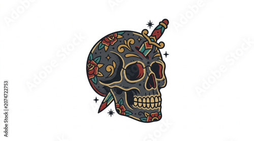 Ornate Skull with Dagger Illustration.