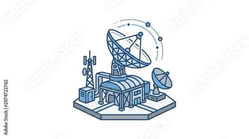 Satellite dish and communication tower for broadcasting and receiving signals.