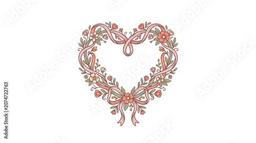 Ornate Heart Shape Floral Wreath with Ribbons and Flowers.