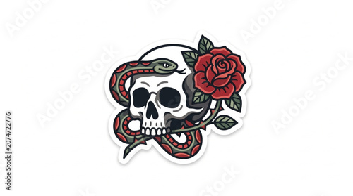 Skull Snake and Rose Tattoo Style Illustration.