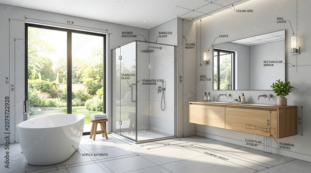 Fototapeta premium Modern Bathroom Interior with Bathtub and Shower