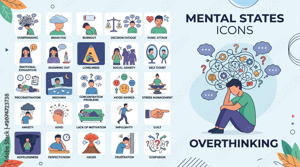 Fototapeta premium Overthinking Mind Portrait with Dynamic Thought Icons.