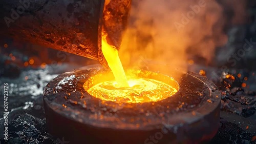 Molten liquid metal pouring into a circular industrial mold in a dark foundry