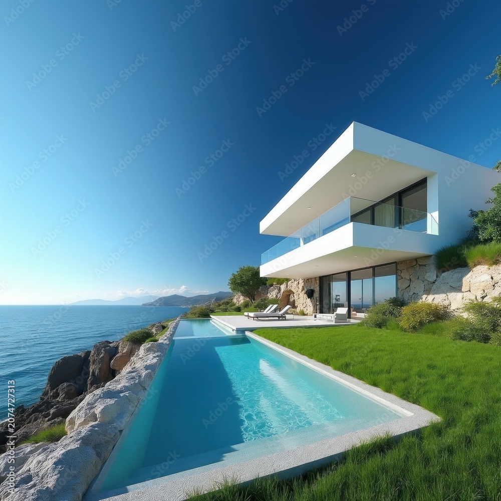 Fototapeta premium Modern white house with infinity pool on cliffside. Ocean view from luxury villa with balcony and glass railings. Green grass lawn surrounds the scenic coastal property. Blue sky above.