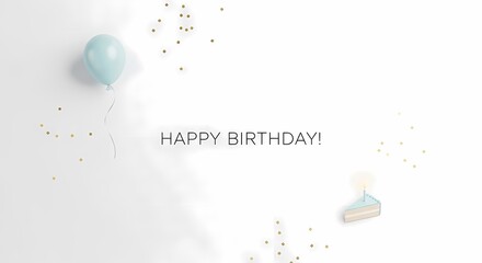 Minimalist birthday celebration with balloon cake and confetti on white background