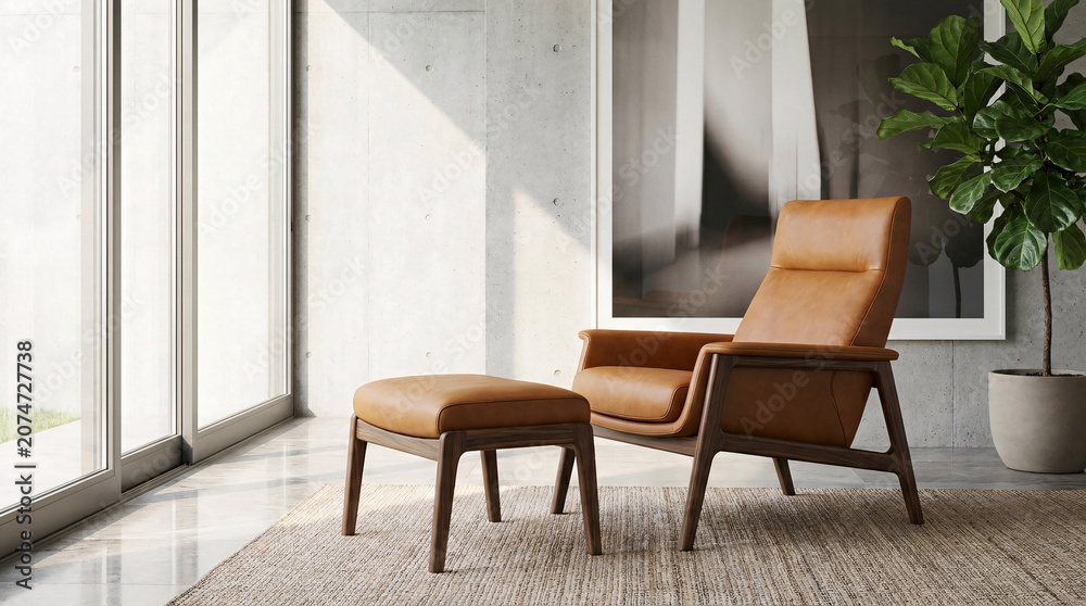 Fototapeta premium Mid-Century Modern Tan Leather Lounge Chair and Matching Ottoman in a Minimalist Concrete Living Room Interior