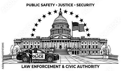 Photos Police car and government capitol building vector illustration with law enforcem