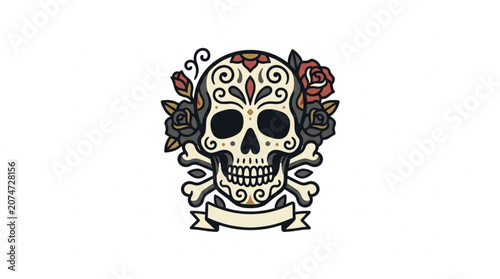 Photos Ornate Sugar Skull with Roses and Crossbones.