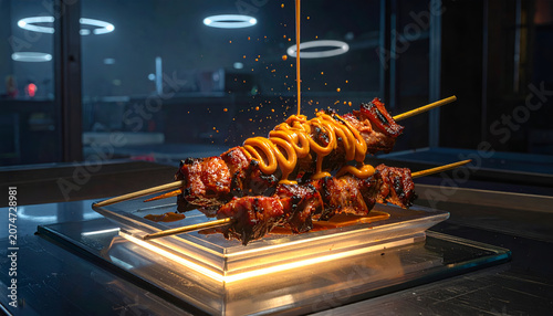 Delicious Grilled Meat Skewers with Drizzled Sauce.