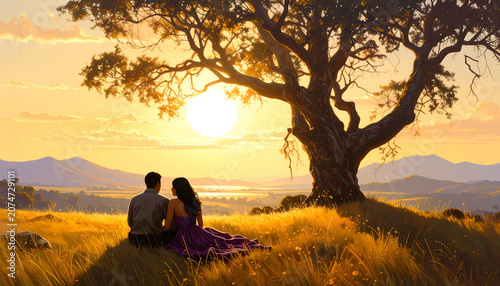 Couple Embracing Sunset Serenity Under Ancient Tree.