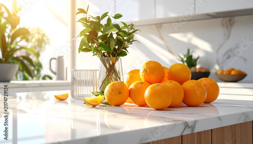 Fresh Oranges on a Marble Countertop with Sunlight Streaming In.