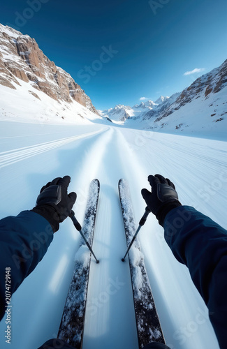 First person view of skier speeding down a snowy mountain slope with ski poles. Mountains and clear blue sky surround the scenic winter landscape. Action pursuit on a ski-run.