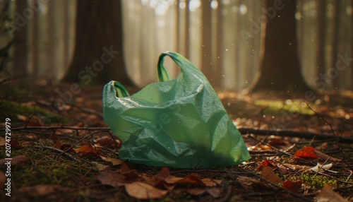 Obraz na plátně A single discarded green plastic bag lying on the forest floor, representing the impact of plastic pollution on nature and the environment