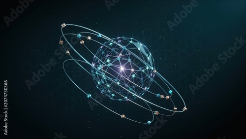 Digital sphere formed by interconnected nodes and orbital rings symbolizes global network communication and connectivity.
