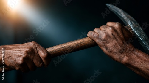 Close-up of strong hands holding a pickaxe
