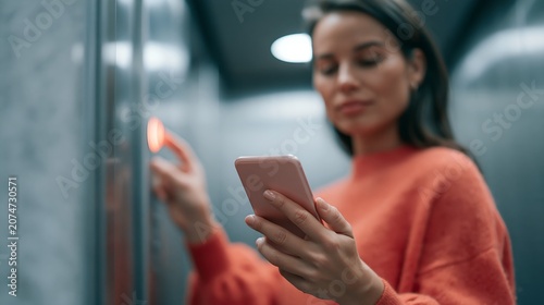 Woman in elevator pressing button while looking at her phone