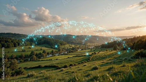 Landscape features a digital mesh network overlaying green hills and fields to symbolize modern rural connectivity.