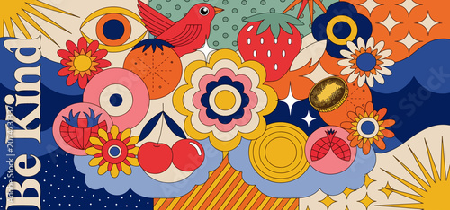 Retro floral pattern with bird and fruit groovy seventies graphic