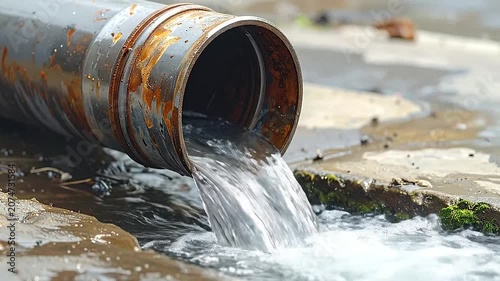 Wastewater flows from a large rusty industrial pipe into a concrete drainage system