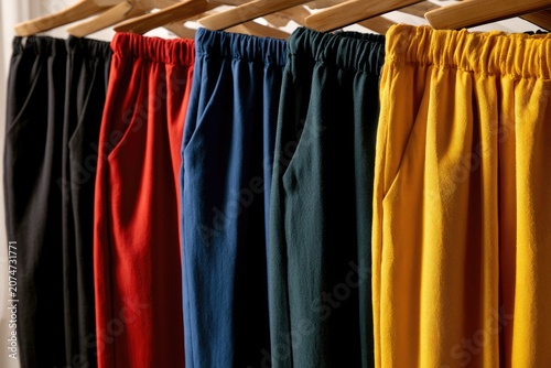 Assortment of vibrant, casual pants hanging on wooden hangers
