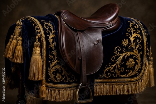 Embroidered velvet horse blanket with gold tassels over leather saddle.