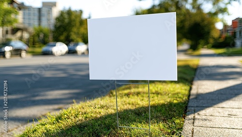 Empty white yard sign on grass median with street and buildings blurred