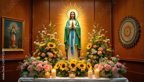 Virgin Mary statue with flowers and candles. Religious icon with halo and floral arrangement. Interior view of devotional space. Catholic symbol with prayerful hands. Spiritual worship at holy altar.