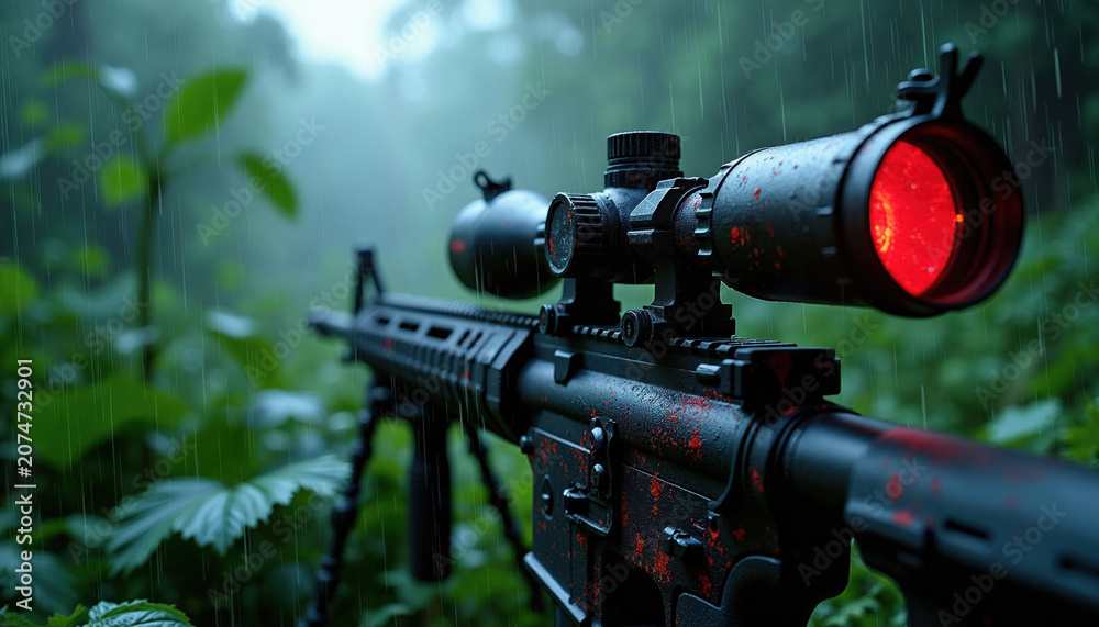 Fototapeta premium Assault rifle with red scope sits in rainy jungle. Weapon has blood stains on its surface. Tactical firearm waits for target in dense green foliage during downpour.