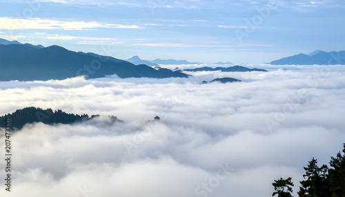 Sea of Clouds Over Mountain Peaks at Sunrise.
