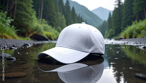 White Baseball Cap Floating in a Serene Forest River.