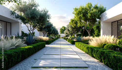 Modern Luxury Villa Entrance with Lush Landscaping and Geometric Pathway.