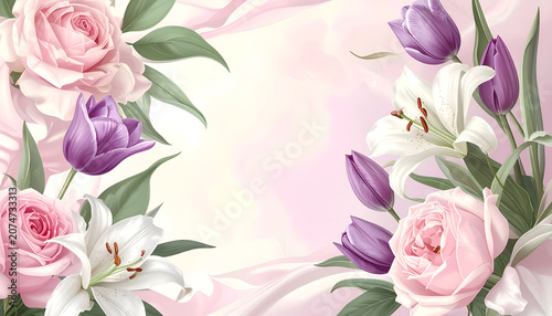 Elegant Floral Arrangement with Pink Roses and Purple Tulips.