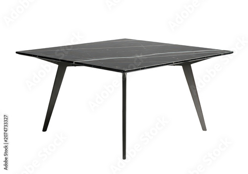 Square dark marble table with angled legs on background.
