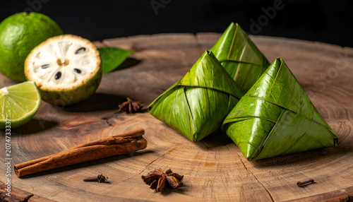Exotic Tropical Fruit and Spices with Pyramid-Shaped Food Parcels.