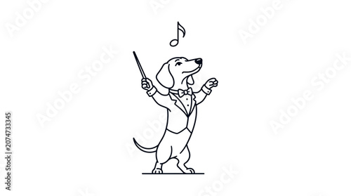 Dog Singing with Microphone Cartoon Style Line Art Black and White Illustration