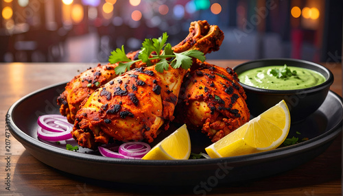 Delicious Tandoori Chicken Drumsticks with Mint Chutney and Lemon Wedges.