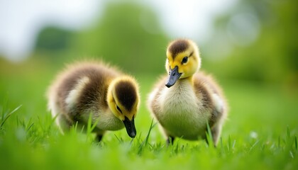 Two cute fluffy goslings forage in green grass. Small baby geese with yellow and brown down explore nature outdoors. Adorable baby birds show curious faces in lawn.