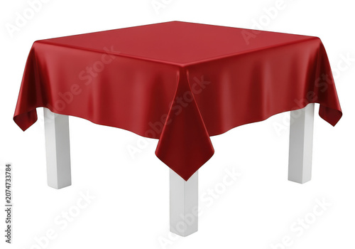 Square table covered with red tablecloth.