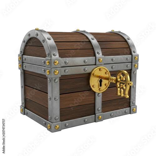Treasure chest with key and lock on gray background.