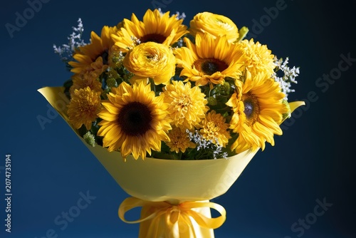 Bright yellow floral bouquet with sunflowers and greenery, presented in yellow wrap