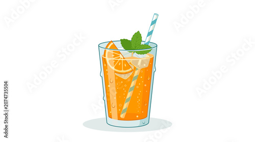 Obraz na plátne Vibrant Orange Refreshment: A tall glass filled with a bubbly orange beverage, garnished with a fresh orange slice, mint leaves, and ice cubes, promising a burst of tropical flavor and a cool