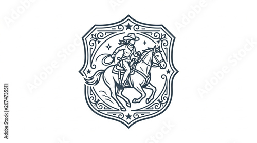 Принти на полотні Vintage Cowboy Riding Horse Emblem Illustration.